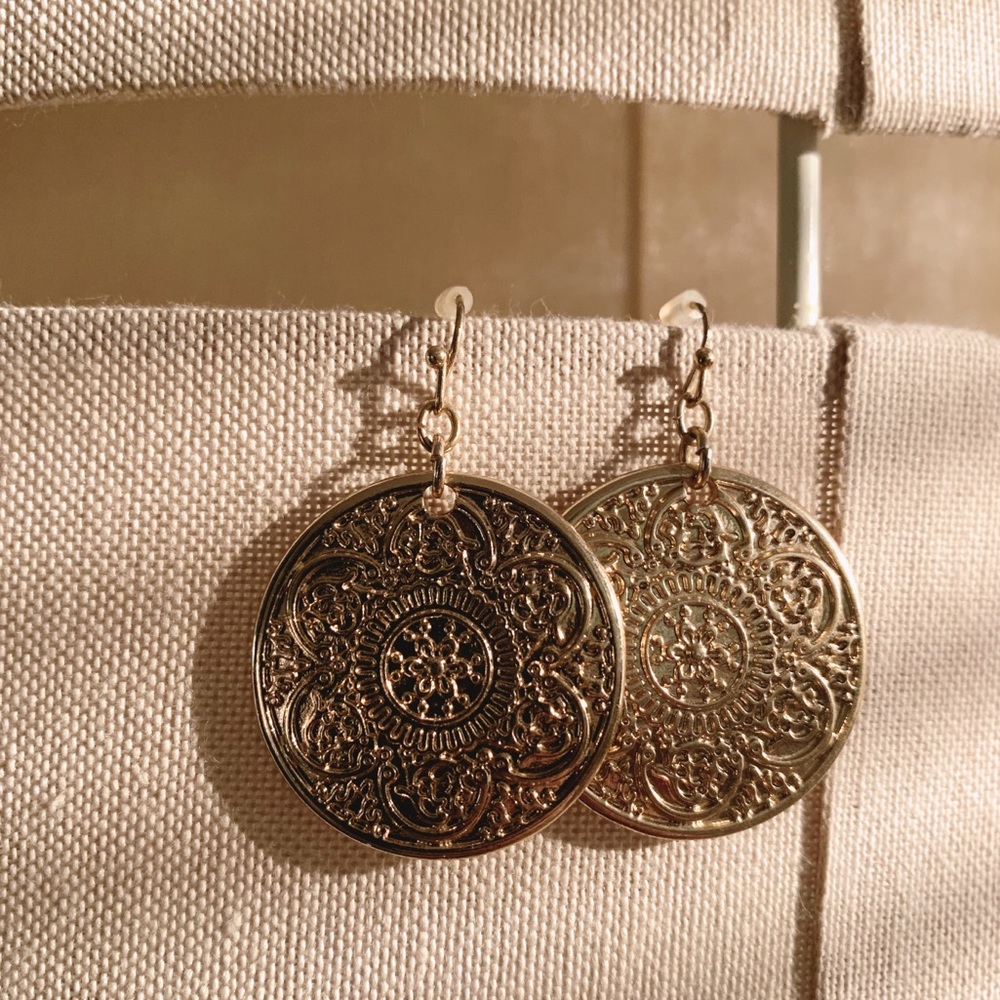 Gold Tone Boho Disc Coin Earrings
